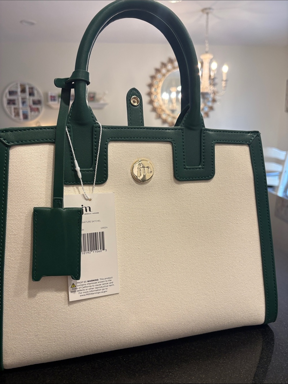 Structured Two-Tone Satchel Bag in Dark Green and Cream